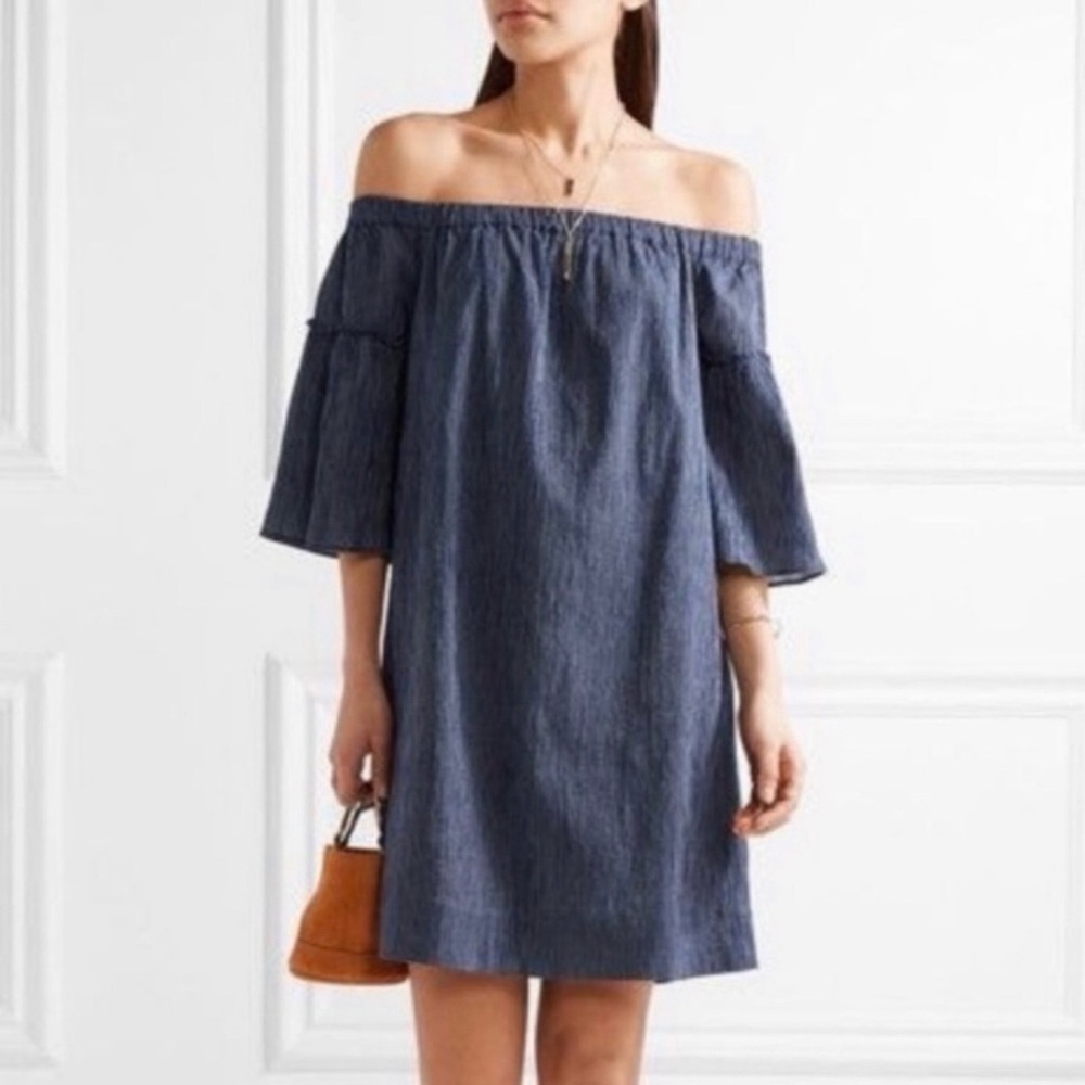 Madewell Off-Shoulder Bell Sleeve Chambray Mini Dress - Blue​